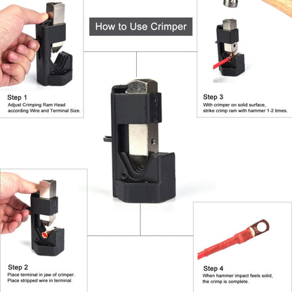Car Battery Cable Hammer Crimper Hammer Lug Crimper Tool Pliers with T2 Copper 8 x 1/4 Heavy-duty Cold-pressed Wire Terminals - In Car by buy2fix | Online Shopping UK | buy2fix