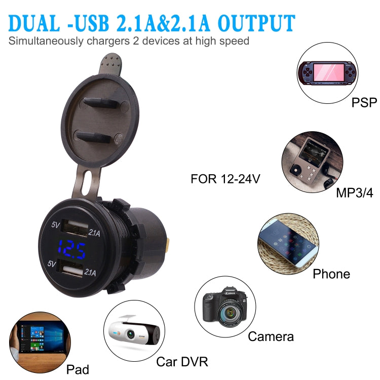 Universal Car Dual Port USB Charger Power Outlet Adapter 4.2A 5V IP66 with LED Digital Voltmeter + 60cm Cable(Blue Light) - In Car by buy2fix | Online Shopping UK | buy2fix