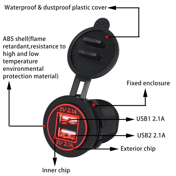 Universal Car Dual USB Charger Power Outlet Adapter 4.2A 5V IP66 with Aperture + 60cm Cable(Red Light) - Car Charger by buy2fix | Online Shopping UK | buy2fix