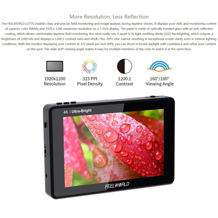 FEELWORLD LUT7S 1920x1200 2200 nits 7 inch IPS Screen HDMI 4K Touch Screen Camera Field Monitor - On-camera Monitors by FEELWORLD | Online Shopping UK | buy2fix