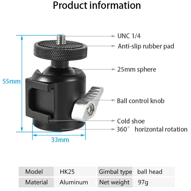 BEXIN HK25 Aluminum Alloy Cold Shoe Tripod Adapter Ball Head (Black) - Camera Accessories by BEXIN | Online Shopping UK | buy2fix