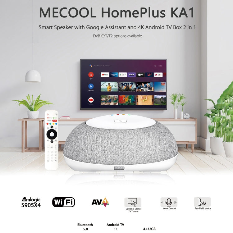 MECOOL KA1 Smart TV Speaker Android 11 TV Box with Remote Control, Amlogic S905X4 Quad Core Cortex-A55, 4GB+32GB, Dual-Band / Bluetooth / Ethernet / DVB-T/T2 / DVB-C(UK Plug) - Amlogic S905 by MECOOL | Online Shopping UK | buy2fix