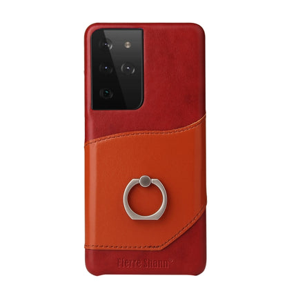 For Samsung Galaxy S21 Ultra 5G Fierre Shann Oil Wax Texture Genuine Leather Back Cover Case with 360 Degree Rotation Holder & Card Slot(Red) - Galaxy S21 Ultra 5G Cases by FIERRE SHANN | Online Shopping UK | buy2fix