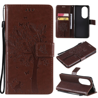 For Huawei P50 Pro Tree & Cat Pattern Pressed Printing Horizontal Flip PU Leather Case with Holder & Card Slots & Wallet & Lanyard(Coffee) - Huawei Cases by buy2fix | Online Shopping UK | buy2fix