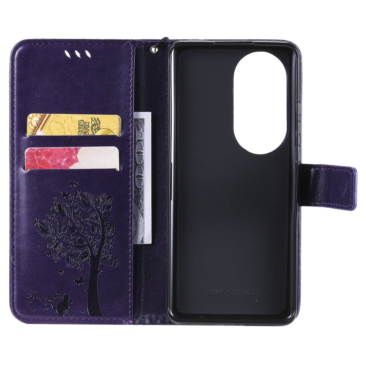 For Huawei P50 Pro Tree & Cat Pattern Pressed Printing Horizontal Flip PU Leather Case with Holder & Card Slots & Wallet & Lanyard(Purple) - Huawei Cases by buy2fix | Online Shopping UK | buy2fix