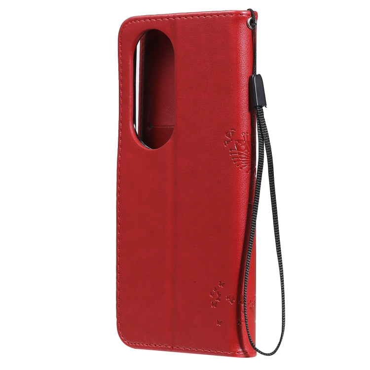 For Huawei P50 Pro Tree & Cat Pattern Pressed Printing Horizontal Flip PU Leather Case with Holder & Card Slots & Wallet & Lanyard(Red) - Huawei Cases by buy2fix | Online Shopping UK | buy2fix