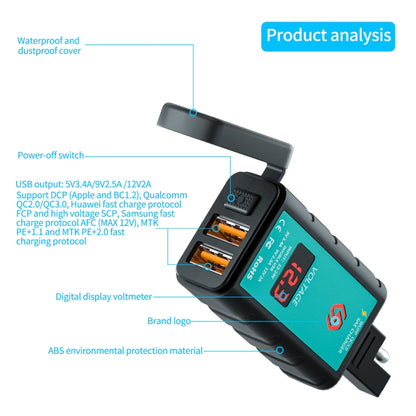 WUPP ZH-1422A1 DC12-24V Motorcycle Square Dual USB Fast Charging Charger with Switch + Voltmeter + Integrated SAE Socket - Battery Charger by WUPP | Online Shopping UK | buy2fix