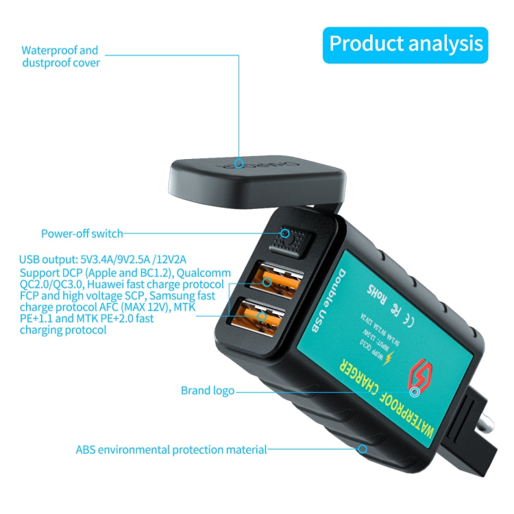 WUPP ZH-1422C2 Motorcycle Square Dual USB Fast Charging Charger with Switch + Integrated SAE Socket + 1m SAE Socket Cable - In Car by WUPP | Online Shopping UK | buy2fix