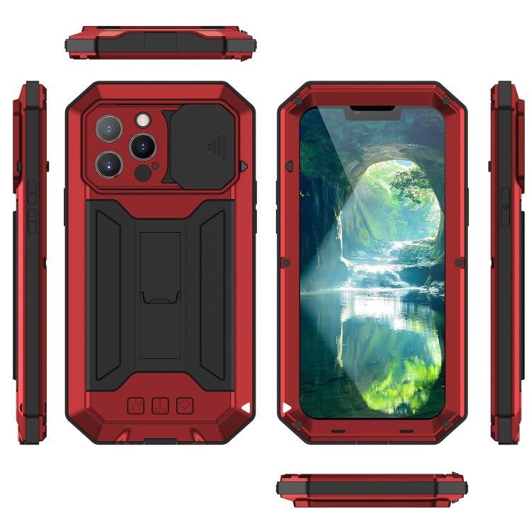 For iPhone 13 Pro Max R-JUST Sliding Camera Shockproof Life Waterproof Dust-proof Metal + Silicone Protective Case with Holder (Red) - iPhone 13 Pro Max Cases by R-JUST | Online Shopping UK | buy2fix