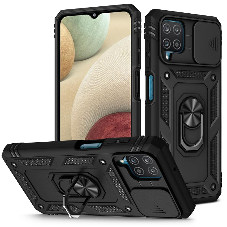 For Samsung Galaxy A12 Sliding Camera Cover Design TPU + PC Protective Case with 360 Degree Rotating Holder & Card Slot(Black+Black) - Samsung Accessories by buy2fix | Online Shopping UK | buy2fix