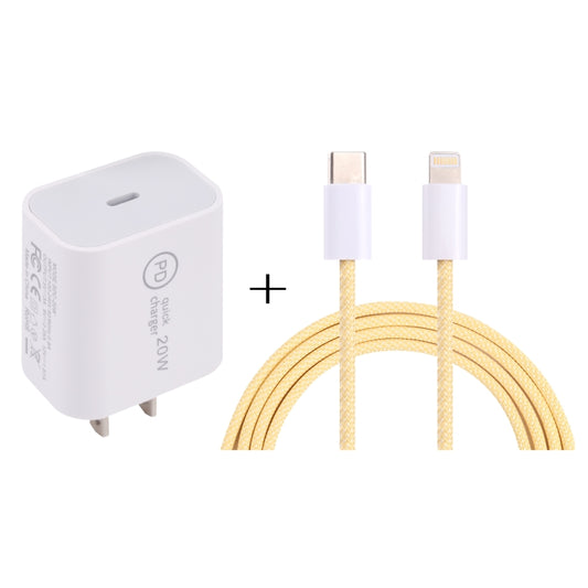 SDC-20W PD USB-C / Type-C Travel Charger + 1m 20W USB-C / Type-C to 8 Pin Data Cable Set, US Plug(Yellow) - Mobile Accessories by buy2fix | Online Shopping UK | buy2fix