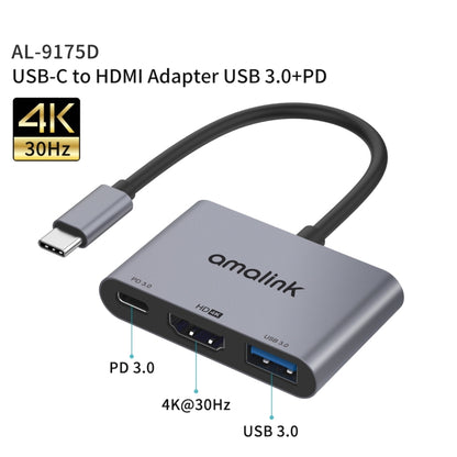 amalink 9175D Type-C / USB-C to HDMI + USB 3.0 + PD HUB Adapter(Grey) - USB HUB by amalink | Online Shopping UK | buy2fix