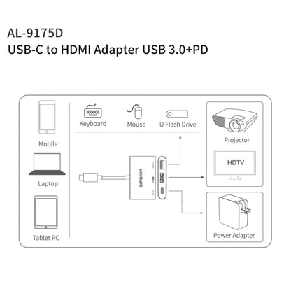 amalink 9175D Type-C / USB-C to HDMI + USB 3.0 + PD HUB Adapter(Grey) - USB HUB by amalink | Online Shopping UK | buy2fix