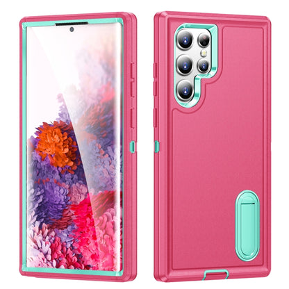 For Samsung Galaxy S22 Ultra 5G 3 in 1 Rugged Holder Phone Case(Pink+Blue) - Samsung Accessories by buy2fix | Online Shopping UK | buy2fix