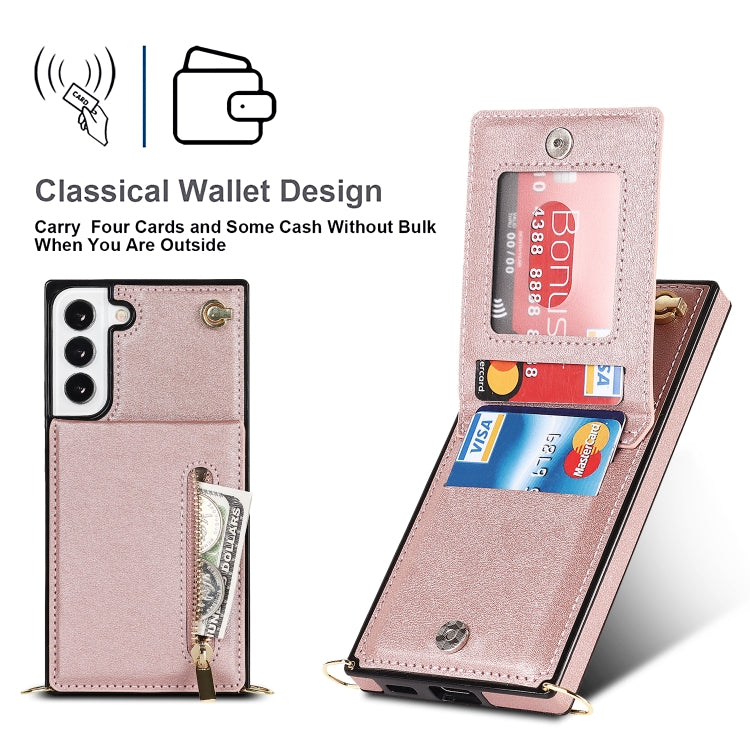 For Samsung Galaxy S22 5G Cross-body Square Zipper Card Holder Bag Phone Case(Rose Gold) - Samsung Accessories by buy2fix | Online Shopping UK | buy2fix