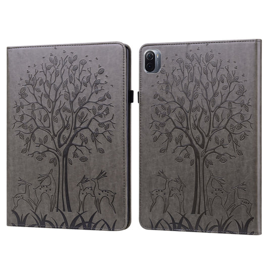 For Xiaomi Pad 5 / 5 Pro Tree & Deer Pattern Pressed Printing Leather Tablet Case with Sleep / Wake-up(Grey) - Mobile Accessories by buy2fix | Online Shopping UK | buy2fix