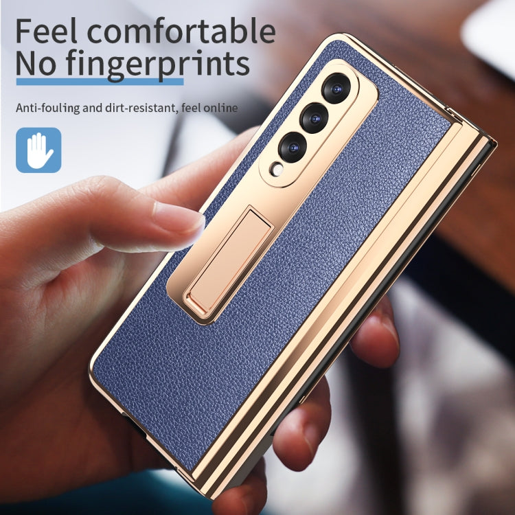 For Samsung Galaxy Z Fold3 Litchi Texture Integrated Electroplating Hinge Flip Phone Case with Pen Slot(Blue) - Galaxy Phone Cases by buy2fix | Online Shopping UK | buy2fix