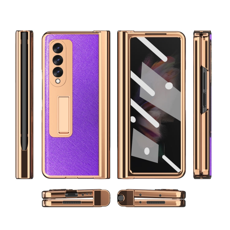 For Samsung Galaxy Z Fold3 Cross Texture Integrated Electroplating Hinge Flip Phone Case with Pen Slot(Purple) - Galaxy Phone Cases by buy2fix | Online Shopping UK | buy2fix