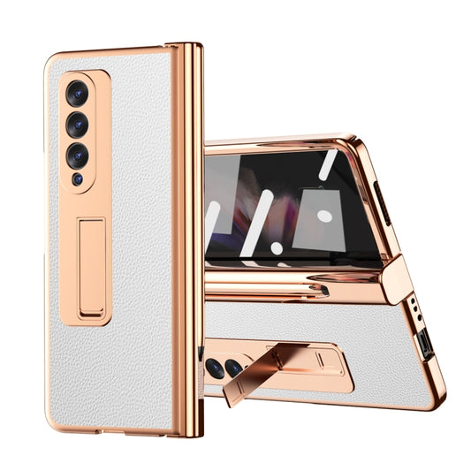 For Samsung Galaxy Z Fold3 5G Litchi Texture Leather Hinged Electroplated Phone Case with S Pen Fold Edition & Protective Film(White) - Galaxy Phone Cases by buy2fix | Online Shopping UK | buy2fix