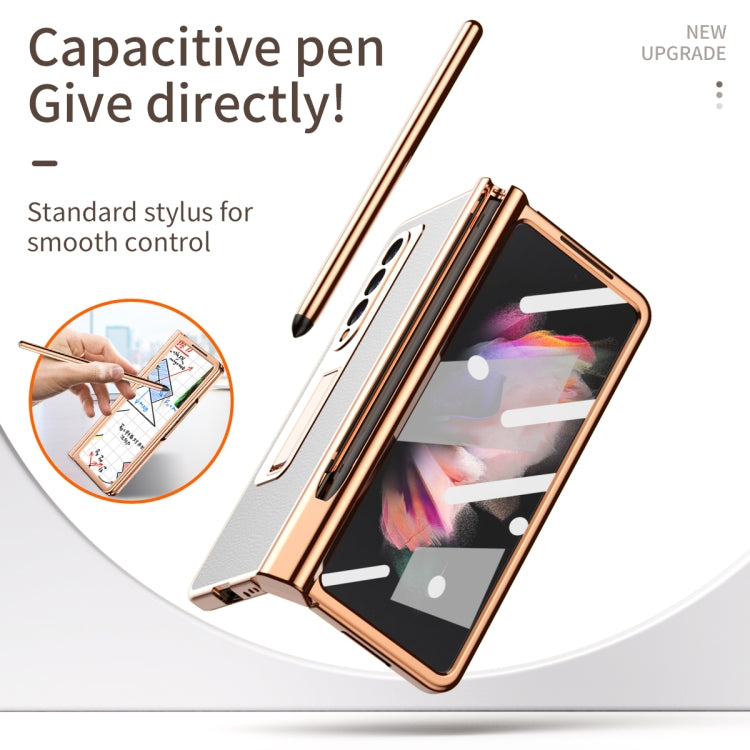 For Samsung Galaxy Z Fold3 5G Litchi Texture Leather Hinged Electroplated Phone Case with S Pen Fold Edition & Protective Film(White) - Galaxy Phone Cases by buy2fix | Online Shopping UK | buy2fix