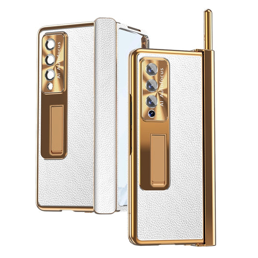 For Samsung Galaxy Z Fold3 5G Litchi Pattern Magnetic Shell Film Integrated Shockproof Phone Case(Silver Gold) - Galaxy Phone Cases by buy2fix | Online Shopping UK | buy2fix