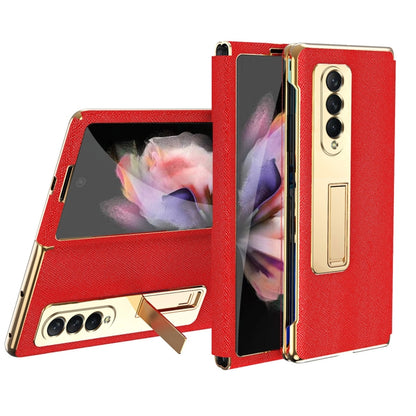 For Samsung Galaxy Z Fold3 5G Cross Texture Integrated Electroplating Hinge Flip Phone Case with Tempered Film(Red) - Galaxy Phone Cases by buy2fix | Online Shopping UK | buy2fix