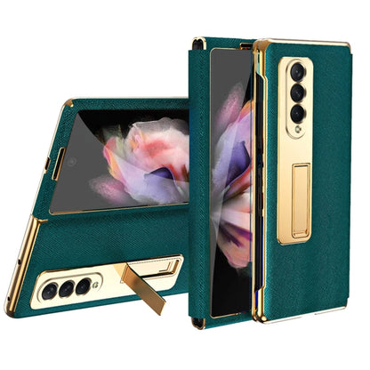 For Samsung Galaxy Z Fold3 5G Cross Texture Integrated Electroplating Hinge Flip Phone Case with Tempered Film(Cyan) - Galaxy Phone Cases by buy2fix | Online Shopping UK | buy2fix