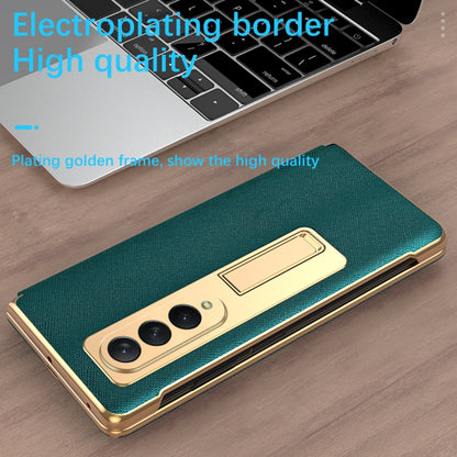 For Samsung Galaxy Z Fold3 5G Cross Texture Integrated Electroplating Hinge Flip Phone Case with Tempered Film(Cyan) - Galaxy Phone Cases by buy2fix | Online Shopping UK | buy2fix