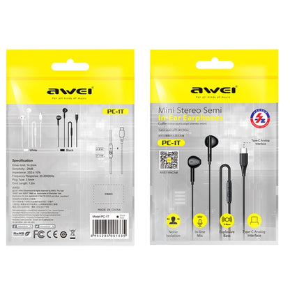 awei PC-1T 1.2m Mini Stereo Semi In-ear Earphones(White) - Type-C Earphone by awei | Online Shopping UK | buy2fix