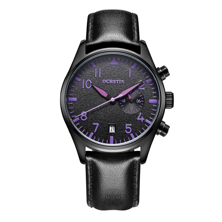 Ochstin 5043C Multifunctional Business Waterproof Leather Strap Quartz Watch(Black+Black+Purple) - Leather Strap Watches by OCHSTIN | Online Shopping UK | buy2fix