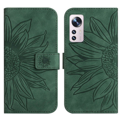 For Xiaomi 12 / 12X Skin Feel Sun Flower Pattern Flip Leather Phone Case with Lanyard(Green) - 12 Cases by buy2fix | Online Shopping UK | buy2fix