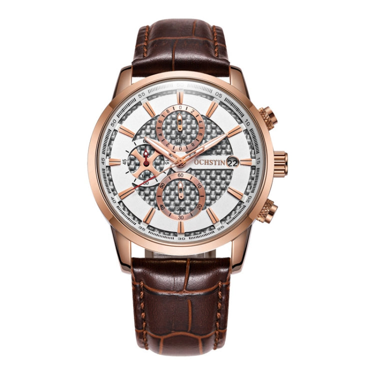 OCHSTIN 6085B Multifunctional Quartz Waterproof Men Leather Watch(Rose gold+Coffee) - Leather Strap Watches by OCHSTIN | Online Shopping UK | buy2fix