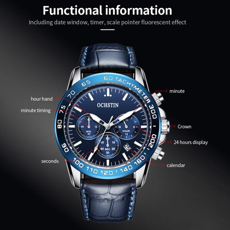 OCHSTIN 6117C Multifunctional Quartz Waterproof Men Leather Watch(Blue) - Leather Strap Watches by OCHSTIN | Online Shopping UK | buy2fix