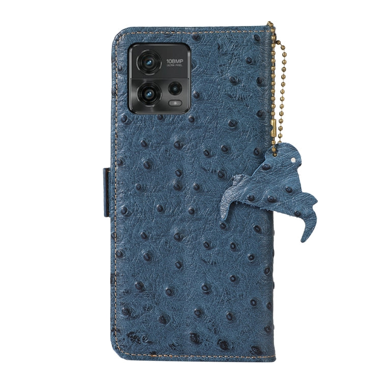 For Motorola Moto G72 4G Ostrich Pattern Genuine Leather RFID Phone Case(Blue) - Motorola Cases by buy2fix | Online Shopping UK | buy2fix