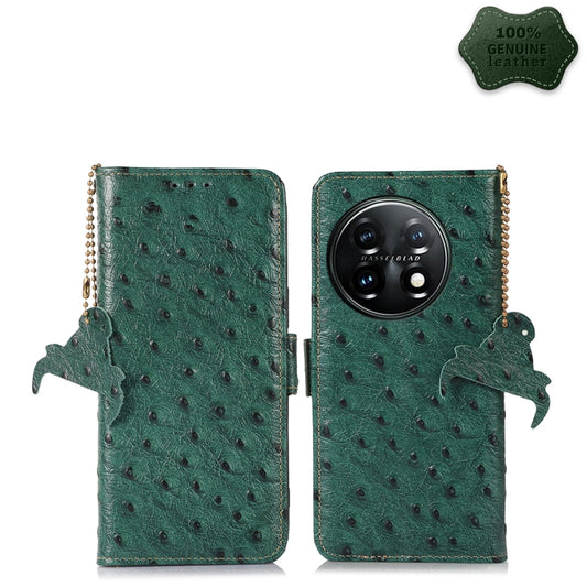 For OnePlus 11 5G Ostrich Pattern Genuine Leather RFID Phone Case(Green) - OnePlus Cases by buy2fix | Online Shopping UK | buy2fix