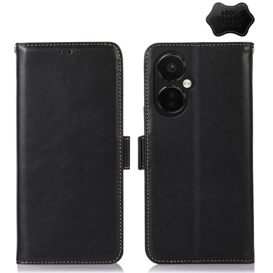 For OnePlus Nord CE 3 Lite Crazy Horse Top Layer Cowhide RFID Leather Phone Case(Black) - OnePlus Cases by buy2fix | Online Shopping UK | buy2fix