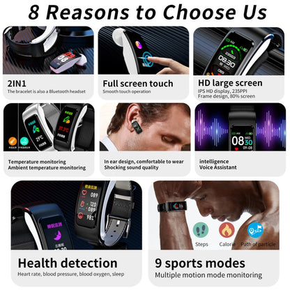 K60 1.08 inch Silicone Band Earphone Detachable Life Waterproof Smart Watch Support Bluetooth Call(Black) - Smart Wear by buy2fix | Online Shopping UK | buy2fix