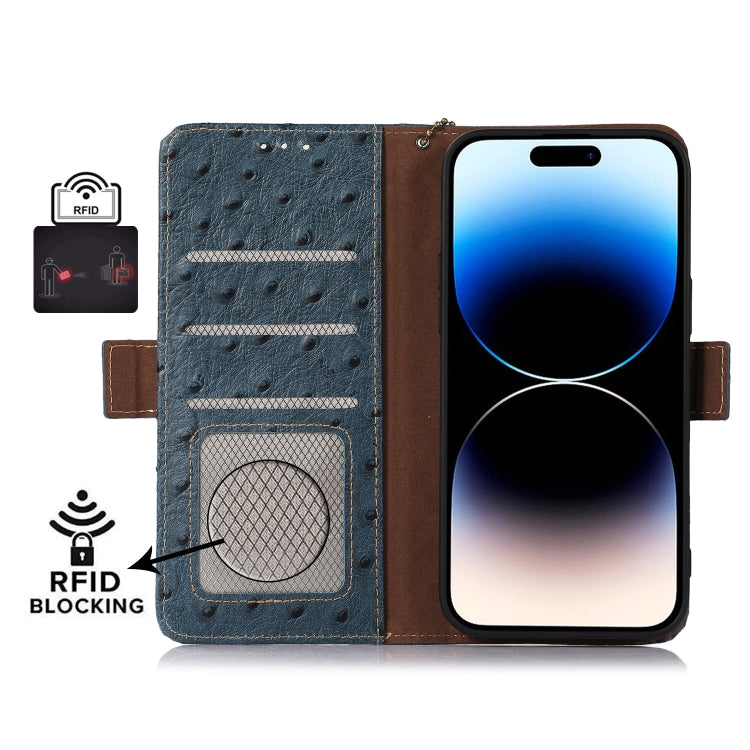 For Samsung Galaxy A14 5G / A14 4G Ostrich Pattern Genuine Leather RFID Phone Case(Blue) - Galaxy Phone Cases by buy2fix | Online Shopping UK | buy2fix