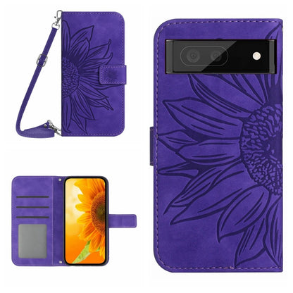 For Google Pixel 7A Skin Feel Sun Flower Pattern Flip Leather Phone Case with Lanyard(Dark Purple) - Google Cases by buy2fix | Online Shopping UK | buy2fix