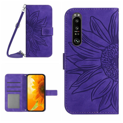 For Sony Xperia 1 V HT04 Skin Feel Sun Flower Embossed Flip Leather Phone Case with Lanyard(Dark Purple) - Sony Cases by buy2fix | Online Shopping UK | buy2fix