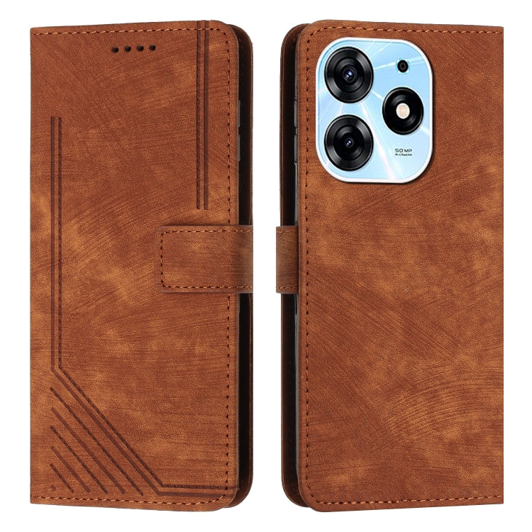 For Tecno Spark 10 Pro Skin Feel Stripe Pattern Leather Phone Case with Lanyard(Brown) - Tecno Cases by buy2fix | Online Shopping UK | buy2fix