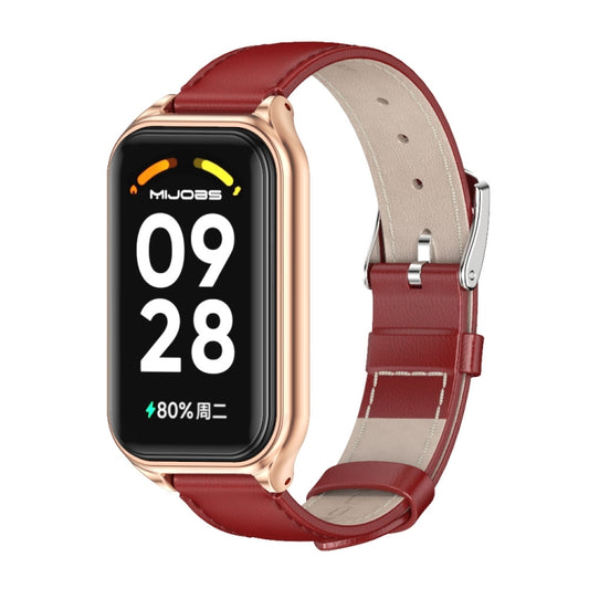 For Xiaomi Smart Band 8 Active / Redmi Band 2 Mijobs Metal Shell Genuine Leather Watch Band(Red Rose Gold) - Watch Bands by MIJOBS | Online Shopping UK | buy2fix