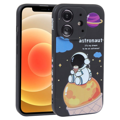 For iPhone 12 Milk Tea Astronaut Pattern Liquid Silicone Phone Case(Ivory Black) - iPhone 12 / 12 Pro Cases by buy2fix | Online Shopping UK | buy2fix