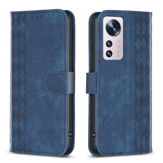 For Xiaomi 12 Plaid Embossed Leather Phone Case(Blue) - 12 Cases by buy2fix | Online Shopping UK | buy2fix