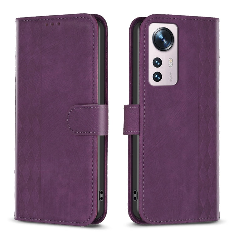 For Xiaomi 12 Plaid Embossed Leather Phone Case(Purple) - 12 Cases by buy2fix | Online Shopping UK | buy2fix