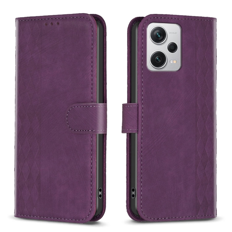 For Xiaomi Redmi Note 12 Pro+ Global Plaid Embossed Leather Phone Case(Purple) - Note 12 Pro+ Cases by buy2fix | Online Shopping UK | buy2fix