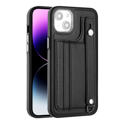 For iPhone 14 Plus Shockproof Leather Phone Case with Wrist Strap(Black) - iPhone 14 Plus Cases by buy2fix | Online Shopping UK | buy2fix