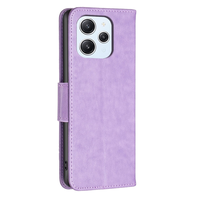 For Xiaomi Redmi 12 4G Two Butterflies Embossing Leather Phone Case(Purple) - Xiaomi Cases by buy2fix | Online Shopping UK | buy2fix