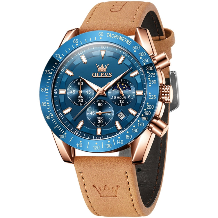 OLEVS 9957 Men Luminous Waterproof Leather Strap Quartz Watch(Blue + Rose Gold) - Leather Strap Watches by OLEVS | Online Shopping UK | buy2fix