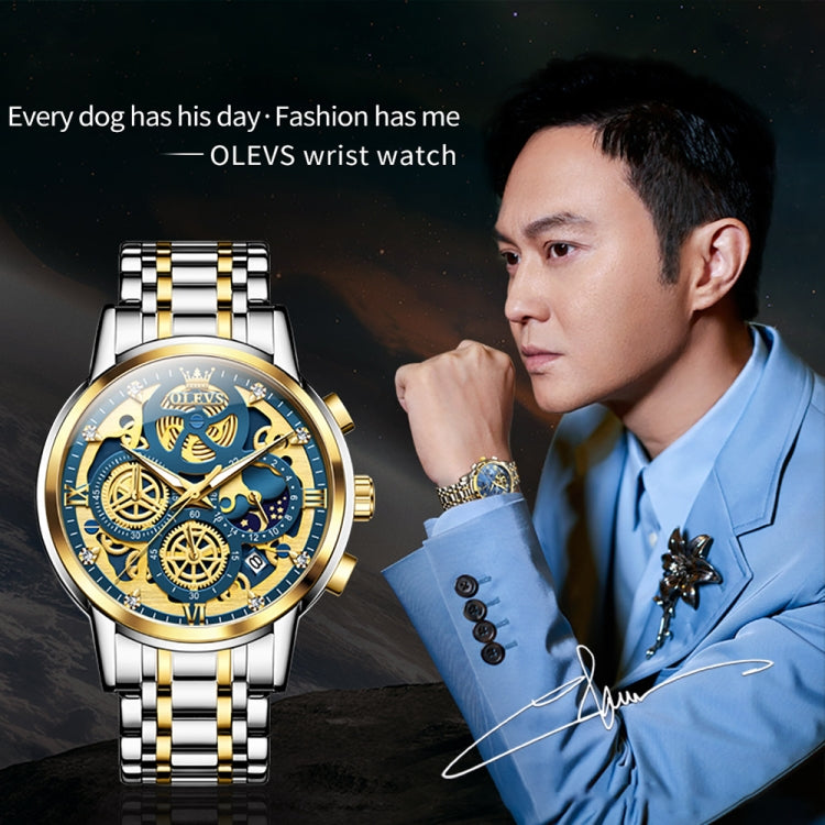 OLEVS 9947 Men Multifunctional Hollow Waterproof Quartz Watch(Blue + Gold) - Metal Strap Watches by OLEVS | Online Shopping UK | buy2fix